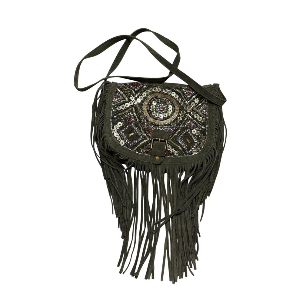 Big Buddha Boho Fringe Leather Sequin Crossbody Green Bag